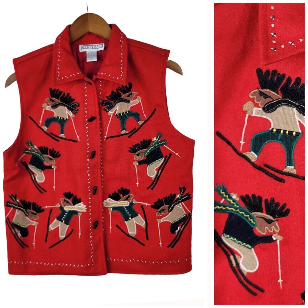 Vintage 90s Wool Embroidered Sweater Vest Suppose Medium Skiing Moose Red Womens